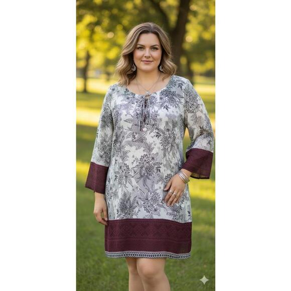 Free 2 Luv Floral Boho Tie Front Chiffon Dress Lined Womens Size 1X - Picture 1 of 11